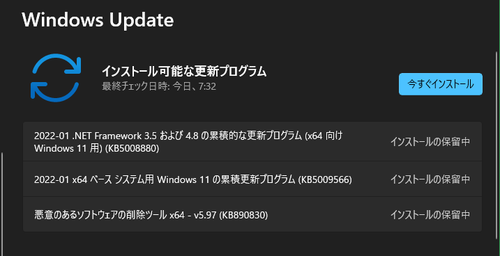 2022-01 x64 ベース システム用 Windows 11 の累積更新プログラム (KB5009566)